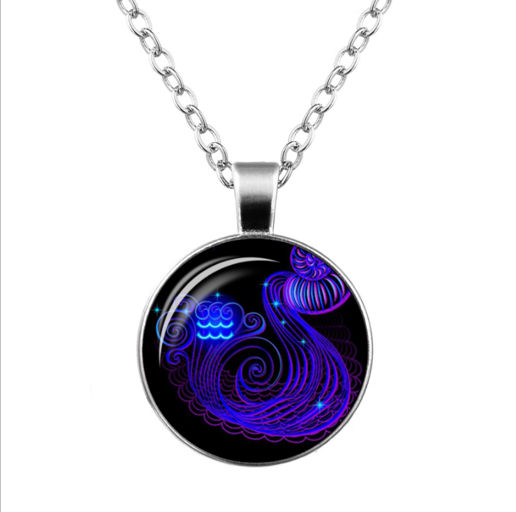 Zodiac Time Gem Glass Pendant Necklace